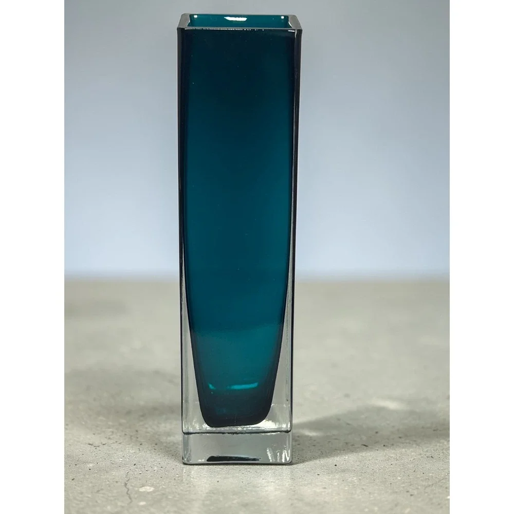 Modern Teal Sommerso Glass Vase‎ Square Green Bud Vase 8 Inch Heavy Clear Base